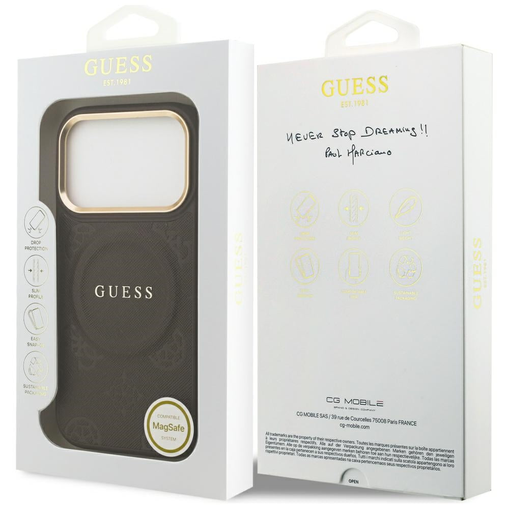 Guess iPhone 17 Pro - Peony Hot Stamp MagSafe - Σκληρή Θήκη με Επένδυση Συνθετικού Δέρματος - Brown - GUHMP17LPSAMSECW