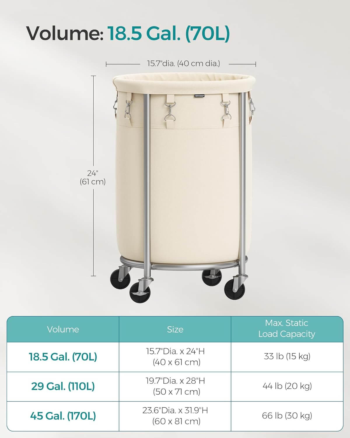 Songmics Τροχήλατο Καλάθι Απλύτων με Ατσάλινο Σκελετό και Αποσπώμενη Θήκη Ρούχων - 70L - Cream White / Silver - RLS006W01