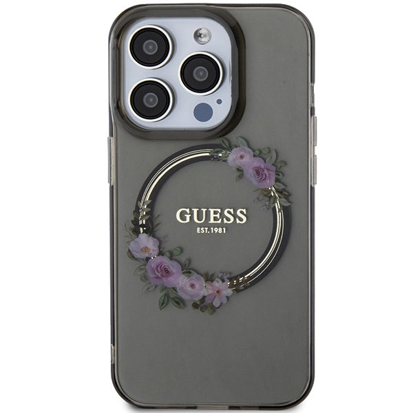 Guess iPhone 15 Pro IML Flowers Wreatch MagSafe Σκληρή Θήκη με Πλαίσιο Σιλικόνης και MagSafe - Black - GUHMP15LHFWFCK