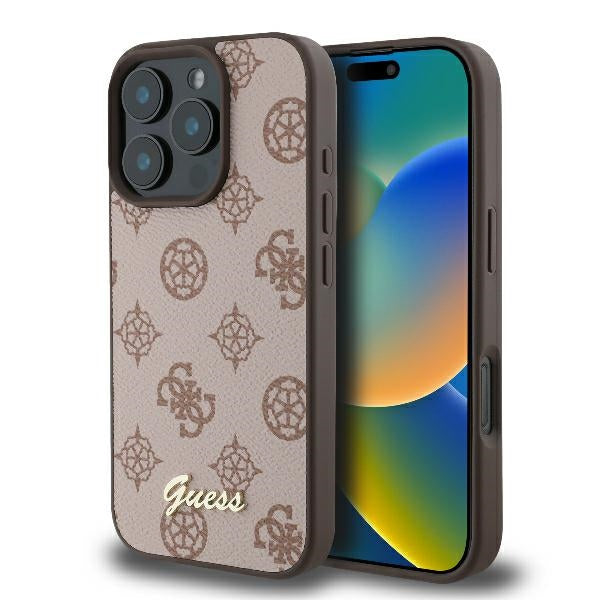 Guess iPhone 16 Pro Max - Peony Script - MagSafe Θήκη με Επένδυση Συνθετικού Δέρματος - Brown - GUHMP16XPGPYSW