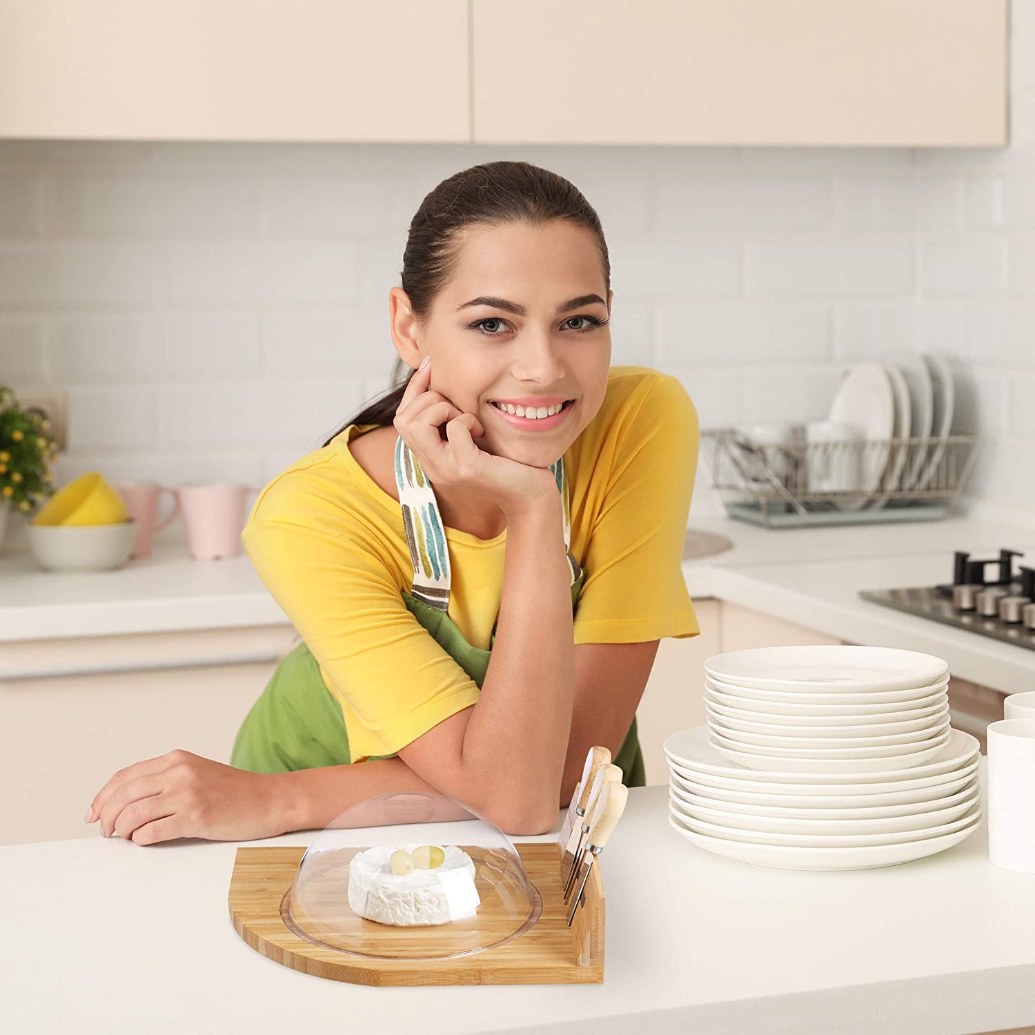 Relaxdays Δίσκος για Τυριά από Μπαμπού με Καπάκι και Αξεσουάρ Κοπής - Natural - 4052025261221