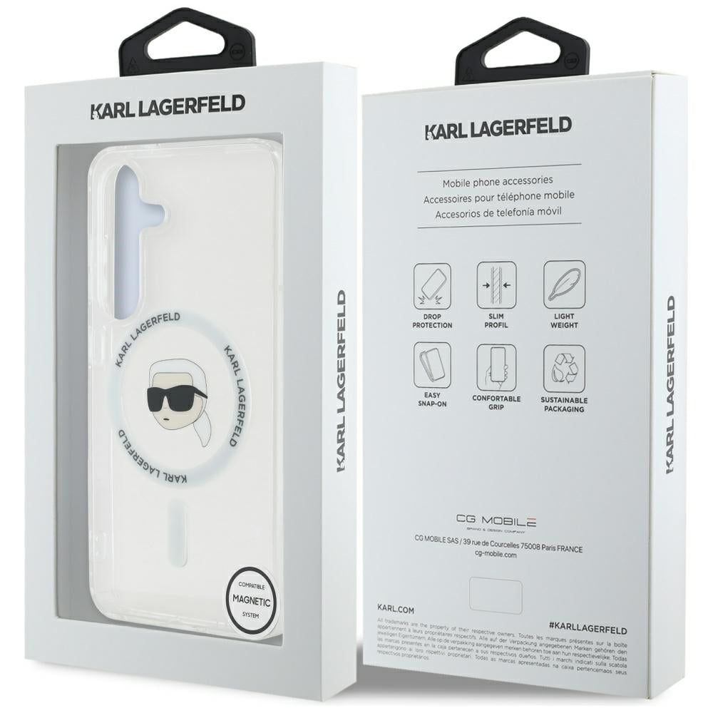 Karl Lagerfeld Samsung Galaxy S25 - Button Karl Head Printed Logo - MagSafe Σκληρή Θήκη με Πλαίσιο Σιλικόνης - White - KLHMS25SHLSKIH