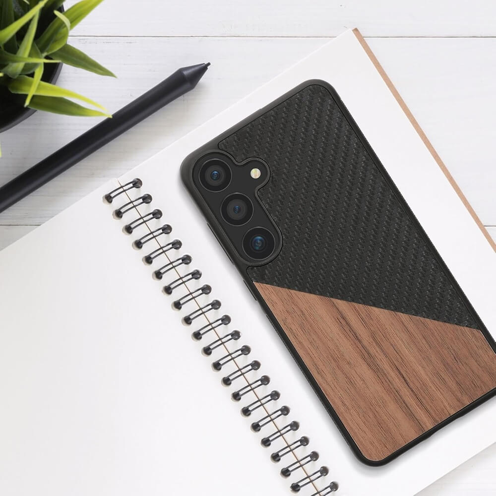 KW Samsung Galaxy S25 Plus Θήκη από Φυσικό Ξύλο και Carbon - Dark Brown / Black