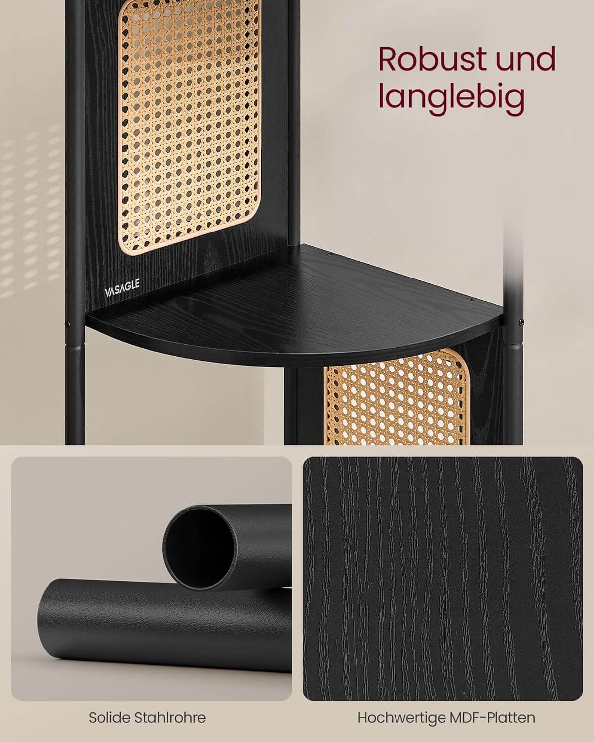 Vasagle Γωνιακή Ραφιέρα 5 Ραφιών με Πλαϊνά Πάνελ από Συνθετικό Rattan και Μεταλλικό Σκελετό - 31.9 x 31.9 x 156.4 cm - Ebony Black - LLS588B56