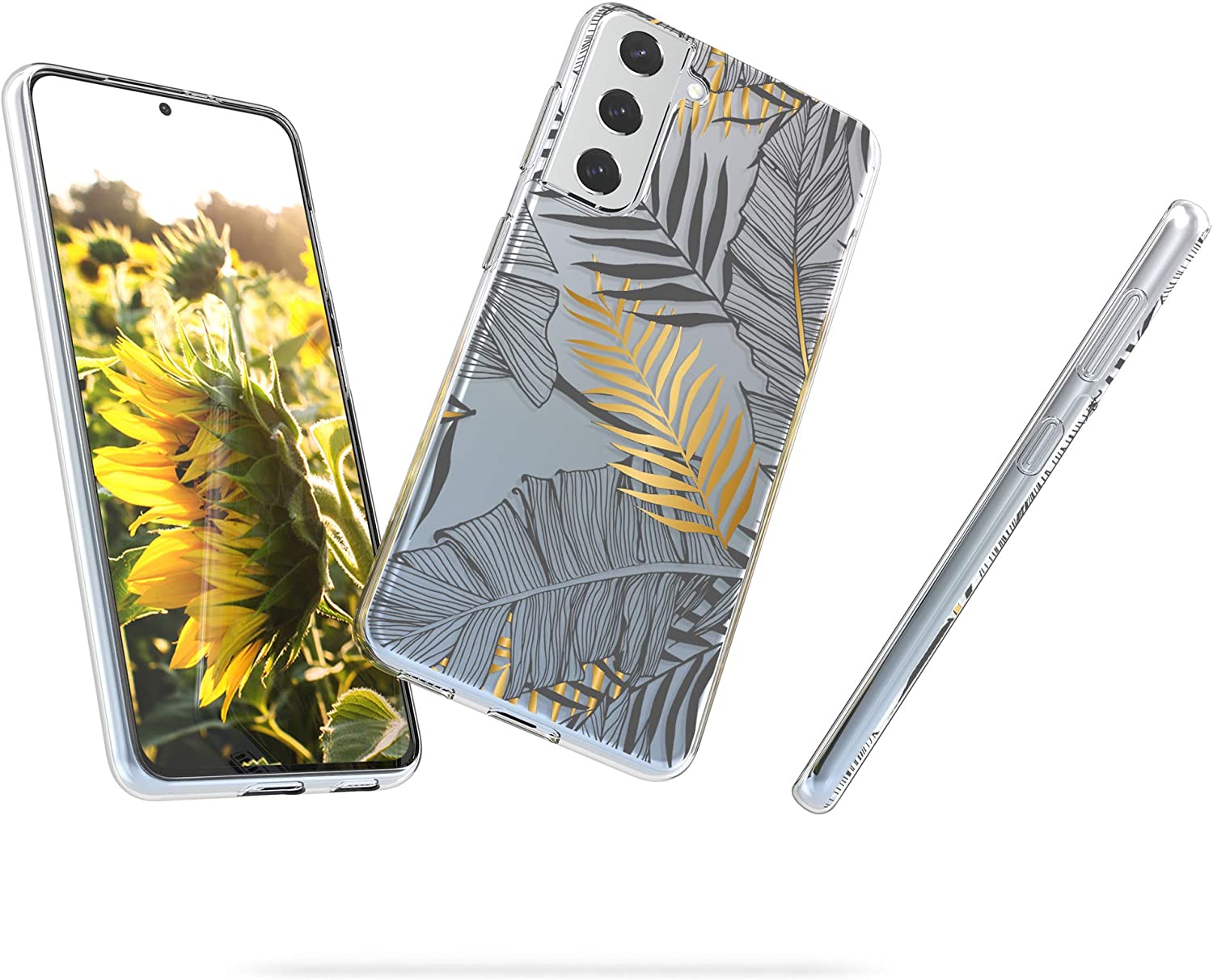 KW Samsung Galaxy S21 Θήκη Σιλικόνης TPU Design Palm Leaves - Gold / Grey - Διάφανη - 54061.01