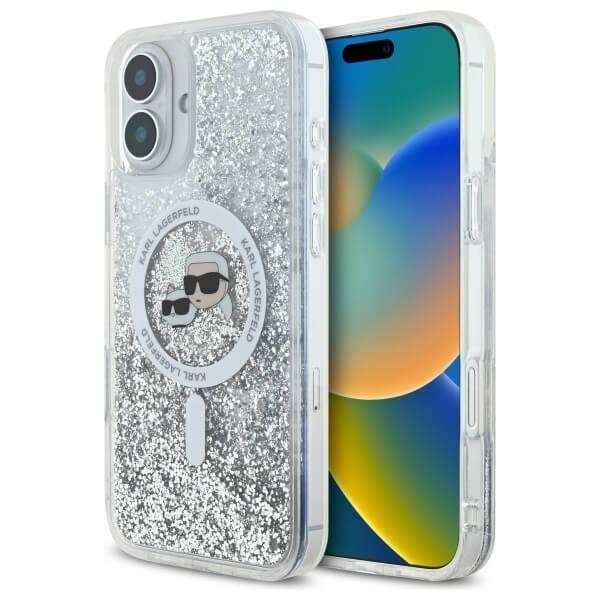 Karl Lagerfeld iPhone 16 - Liquid Glitter Karl and Choupette Head MagSafe Σκληρή Θήκη με Πλαίσιο Σιλικόνης - Διάφανη - KLHMP16SLGKCSGH