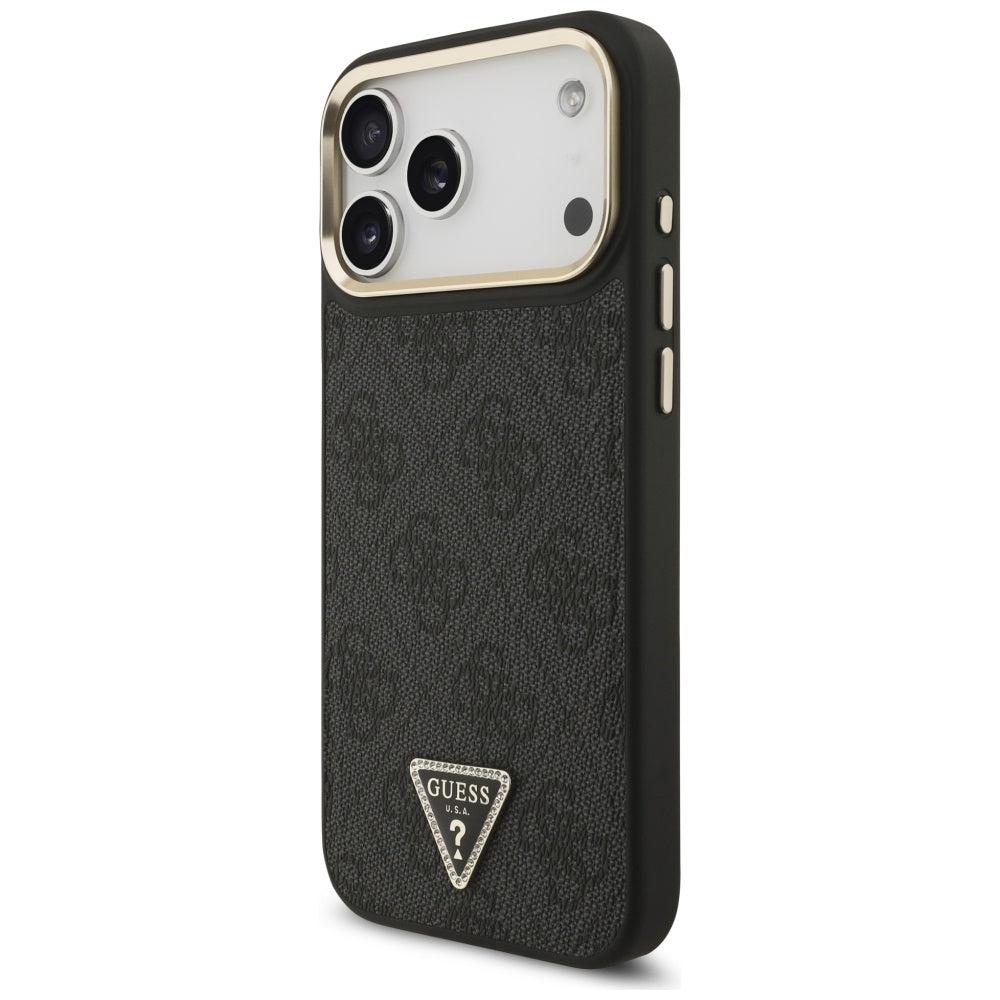 Guess iPhone 17 Pro Max - 4G Triangle Strass Logo MagSafe - Σκληρή Θήκη με Επένδυση Συνθετικού Δέρματος - Black / Gold - GUHMP17XP4GTDGMK