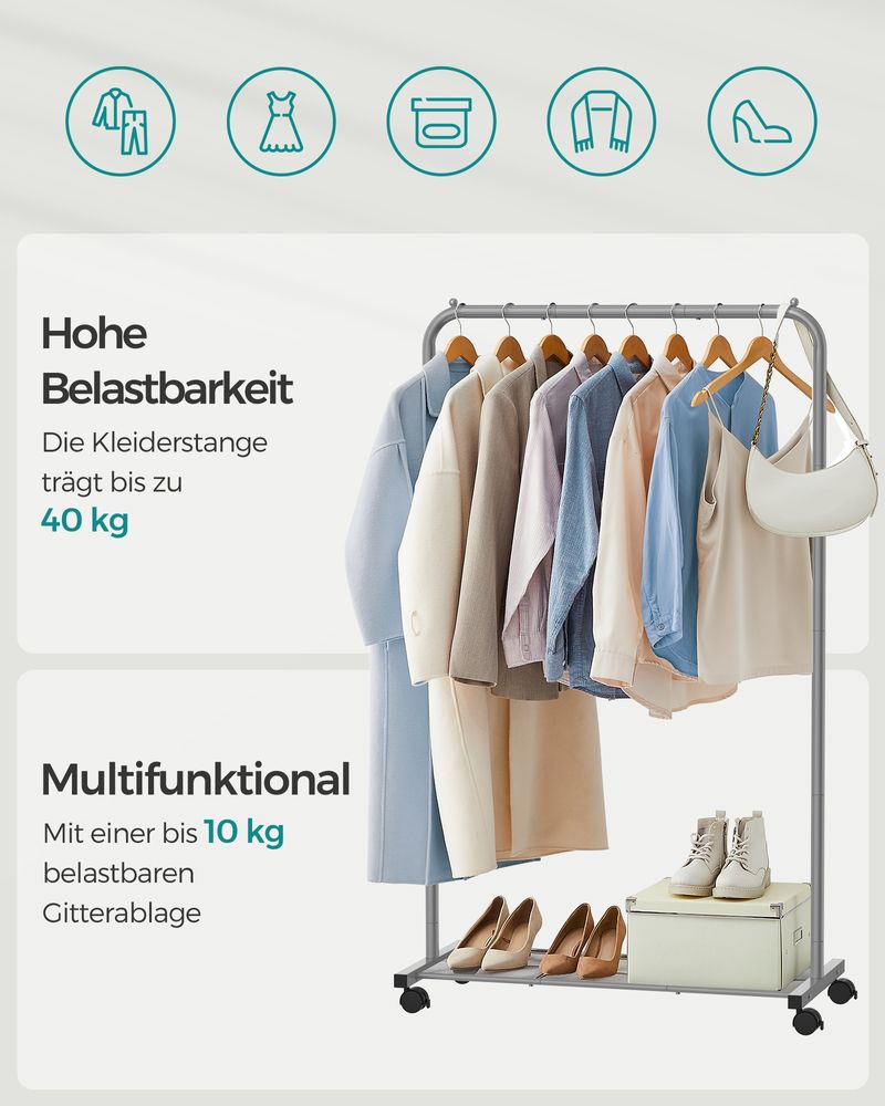 Songmics Επιδαπέδια Μεταλλική Κρεμάστρα - Ράγα Ρούχων με Ράφι Παπουτσιών - Grey - HSR025G01