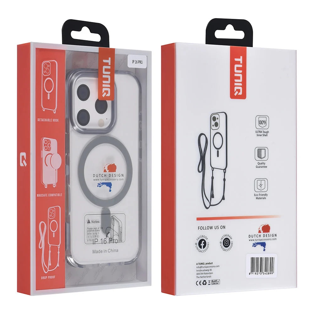Tuniq iPhone 16 Pro - MagSafe Σκληρή Θήκη με Πλαίσιο Σιλικόνης και Λουράκι - Διάφανη / Grey