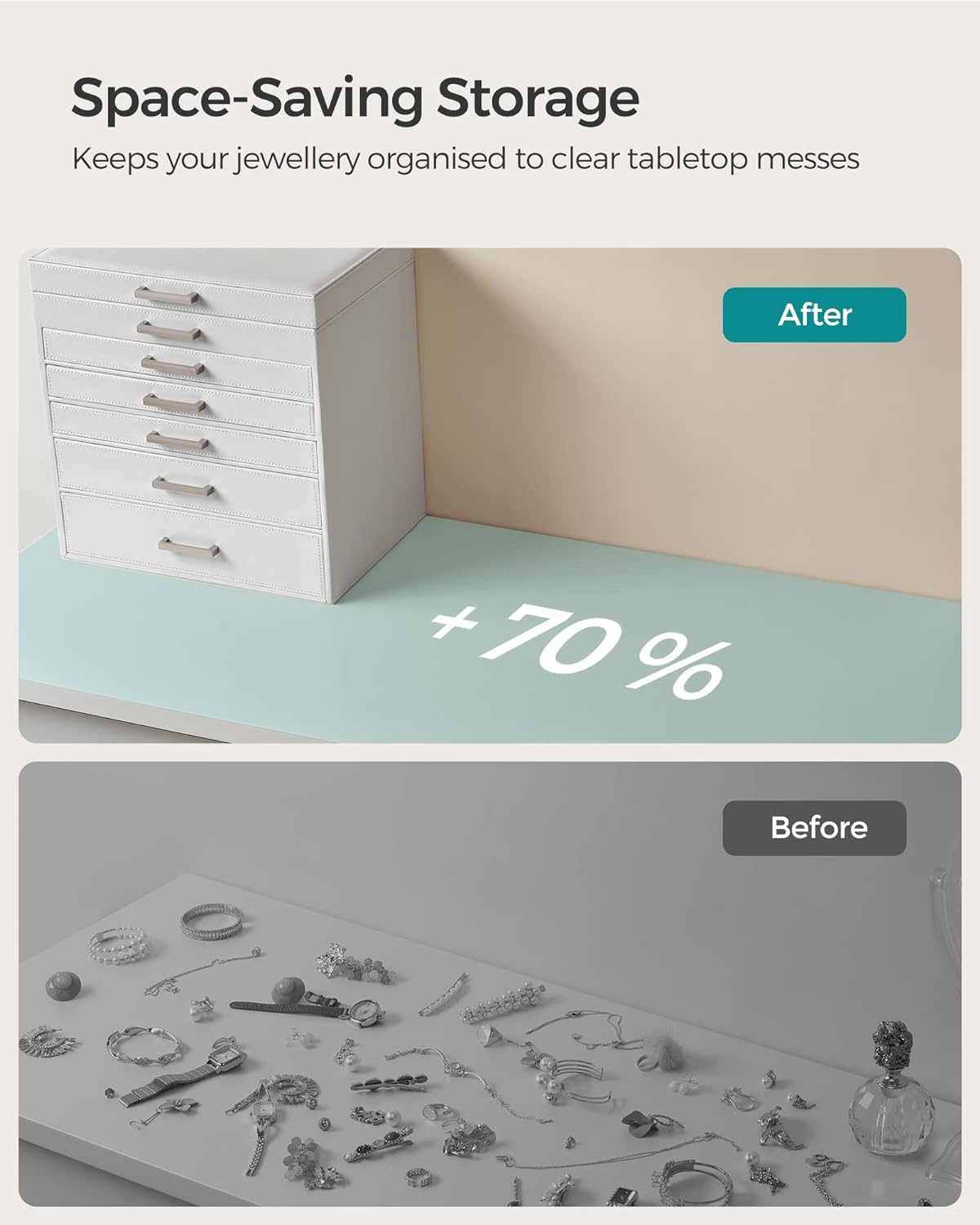 Songmics Κουτί Αποθήκευσης Κοσμημάτων 6 Επιπέδων με 5 Συρτάρια και Καθρέπτη - White - JBC138