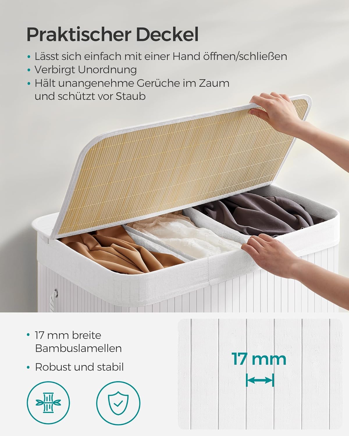 Songmics Καλάθι Απλύτων από Μπαμπού με 3 Διαμερίσματα - 150L - White - LCB091W01