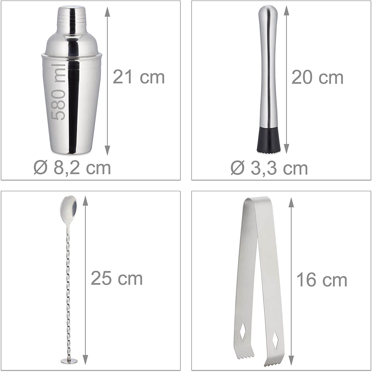 Relaxdays Σετ Κοκτέιλ 9 Τεμαχίων από Ανοξείδωτο Ατσάλι με Βάση από Μπαμπού - Silver / Natural - 4052025259488