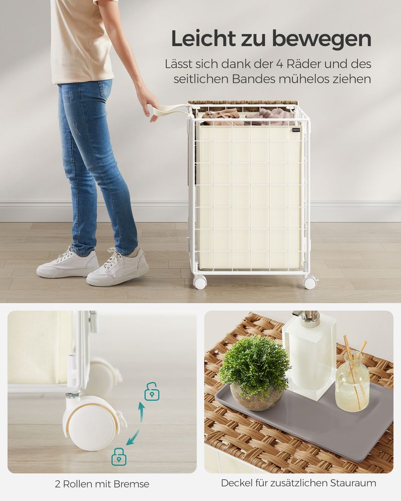 Songmics Τροχήλατο Αναδιπλούμενο Καλάθι Απλύτων με Καπάκι - 90L - Natural Beige / Cream White - LCB290N01