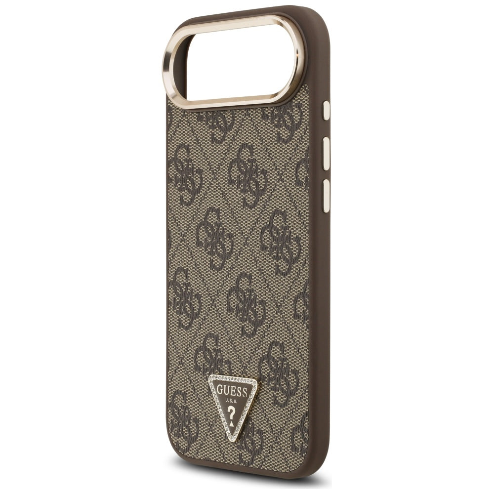 Guess iPhone Air - 4G Triangle Strass Logo MagSafe - Σκληρή Θήκη με Επένδυση Συνθετικού Δέρματος - Brown / Gold - GUHMP17MP4GTDGMW
