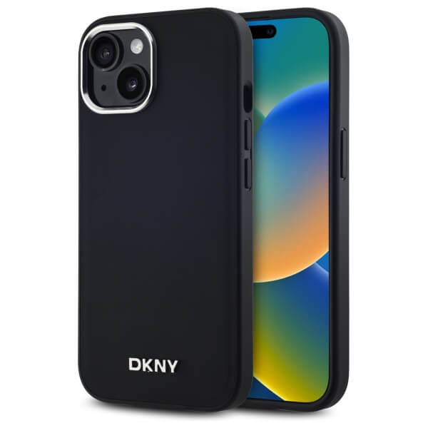 DKNY iPhone 15 - Plain Logo MagSafe Σκληρή Θήκη με Επένδυση Συνθετικού Δέρματος - Black