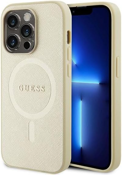 Guess iPhone 15 Pro Saffiano MagSafe Σκληρή Θήκη με Πλαίσιο Σιλικόνης και MagSafe - Gold - GUHMP15LPSAHMCB