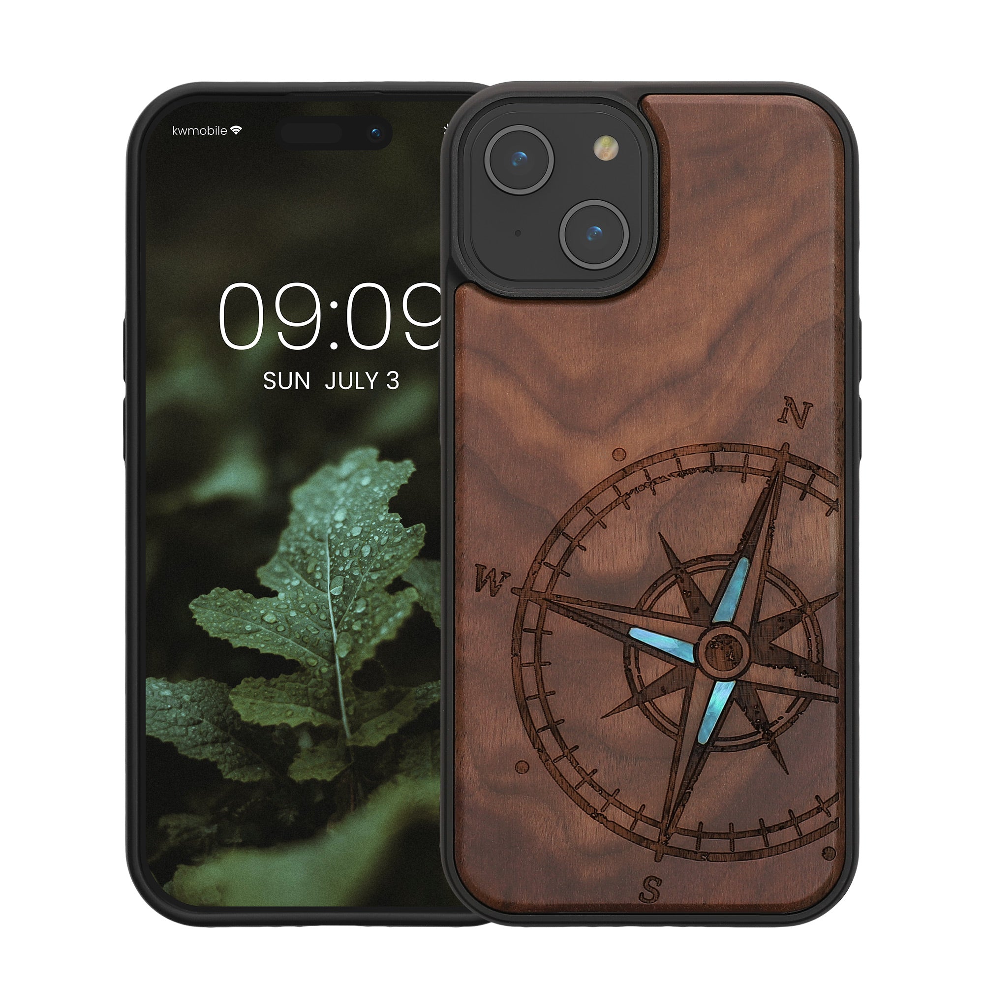 KW iPhone 15 Θήκη από Φυσικό Ξύλο - Design Navigational Compass Mother of Pearl - Dark Brown