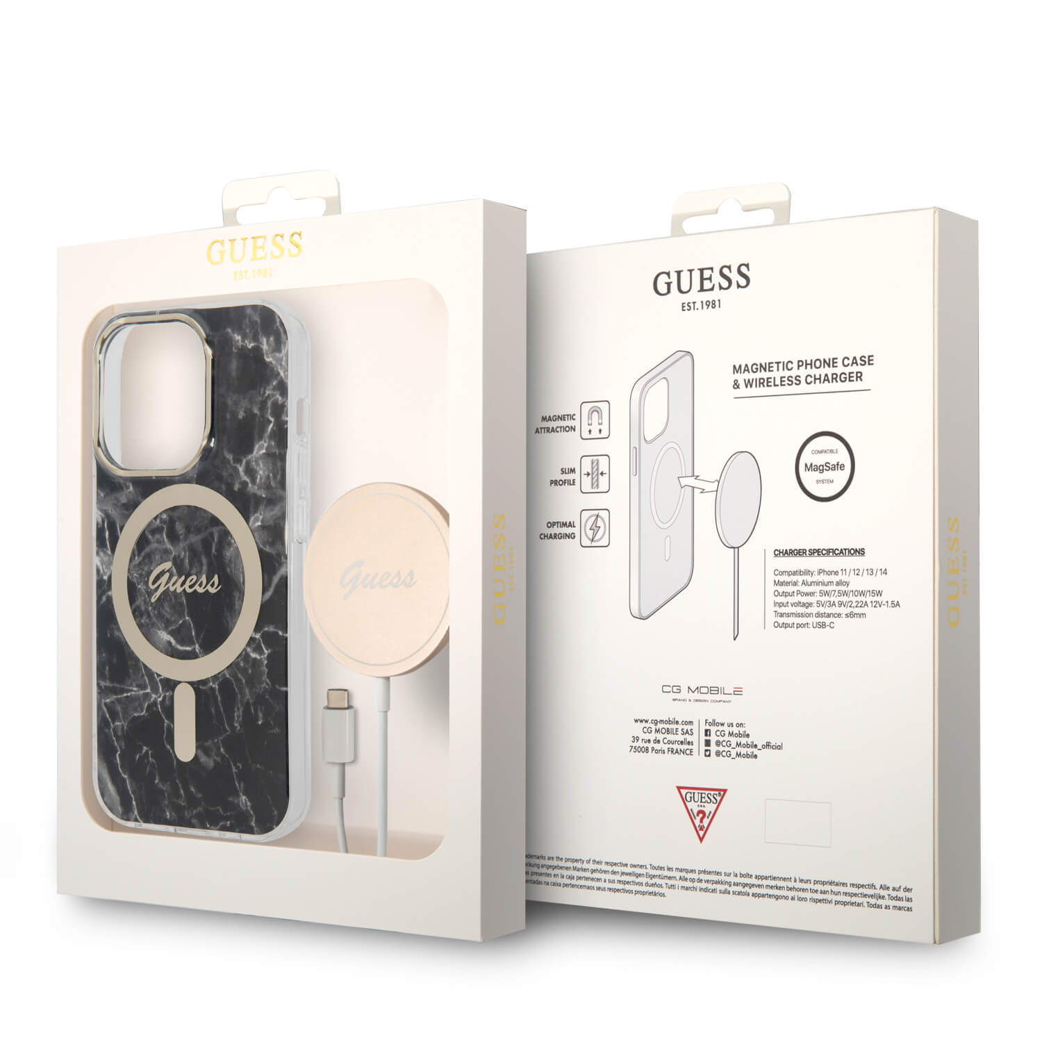 Guess iPhone 14 Pro Max - Bundle Pack MagSafe - Σετ Σκληρή Θήκη με Πλαίσιο Σιλικόνης και Ασύρματος Φορτιστής MagSafe - Design Marble and Gold - Black - GUBPP14XHMEACSK