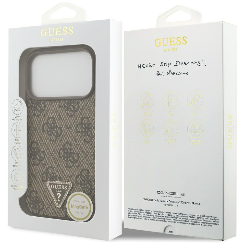 Guess iPhone 17 Pro - 4G Triangle Strass MagSafe - Σκληρή Θήκη με Επένδυση Συνθετικού Δέρματος - Brown - GUHMP17LP4TDPLW