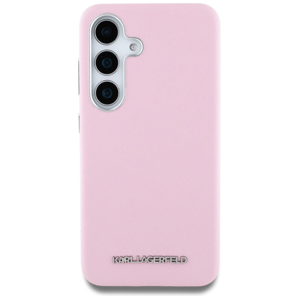Karl Lagerfeld Samsung Galaxy S25 Plus - Saffiano Full Wrapped Elongated Metal Logo - MagSafe Σκληρή Θήκη με Επένδυση Συνθετικού Δέρματος και Πλαίσιο Σιλικόνης - Pink - KLHMS25MPSAFWMCP