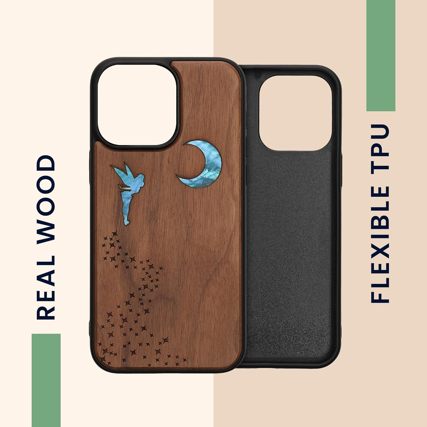 KW iPhone 14 Pro Max Θήκη από Φυσικό Ξύλο - Design Fairy Mother of Pearl - Dark Brown