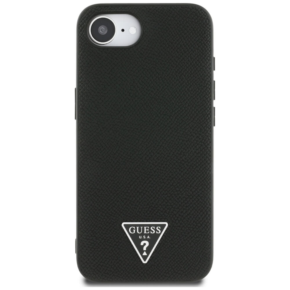 Guess iPhone 16e - Grained Triangle MagSafe - Σκληρή Θήκη με Επένδυση Συνθετικού Δέρματος και Πλαίσιο Σιλικόνης - Black - GUHMPSE4PGTSPSK