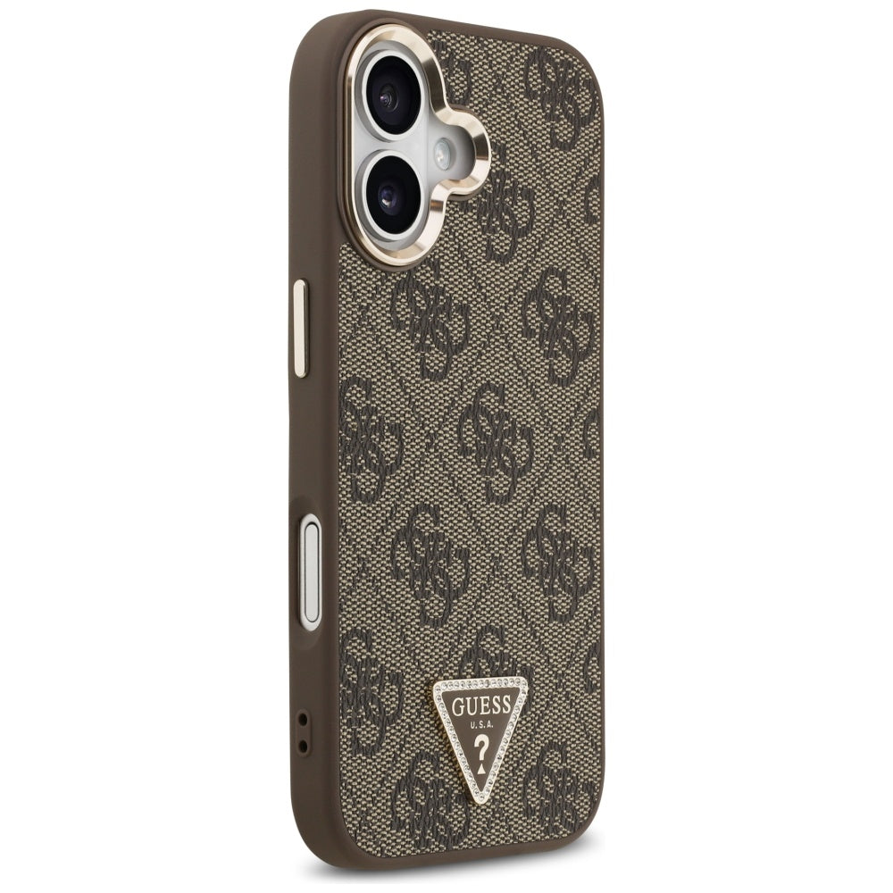 Guess iPhone 17 - 4G Triangle Strass Logo MagSafe - Σκληρή Θήκη με Επένδυση Συνθετικού Δέρματος - Brown / Gold - GUHMP17SP4GTDGMW