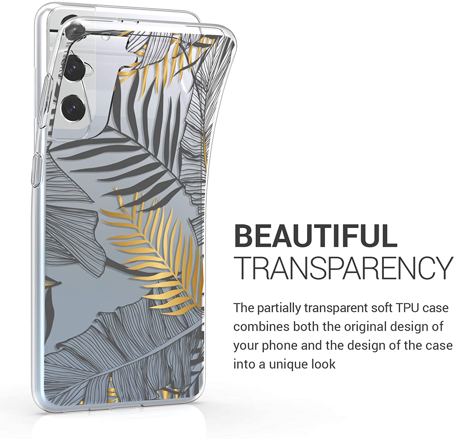 KW Samsung Galaxy S21 Θήκη Σιλικόνης TPU Design Palm Leaves - Gold / Grey - Διάφανη - 54061.01