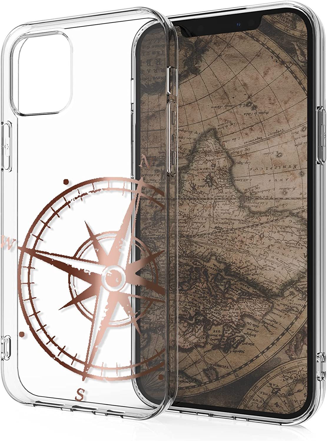 KW iPhone 12 / iPhone 12 Pro Θήκη Σιλικόνης TPU Design Vintage Navigational Compass - Διάφανη / Rose Gold - 53035.13
