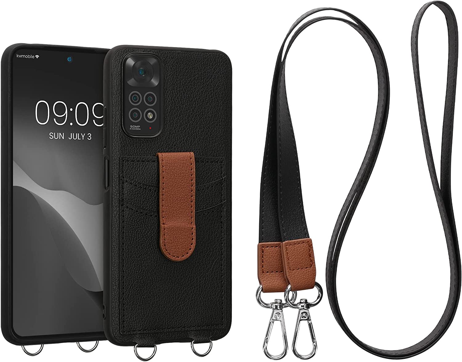 KW Xiaomi Redmi Note 11 / Redmi Note 11S Θήκη με Επένδυση Συνθετικού Δέρματος με Υποδοχές για Κάρτα και Λουράκι - Black - 59750.01