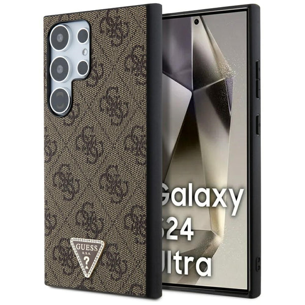 Guess Samsung Galaxy S24 Ultra - 4G Triangle Strass Logo Θήκη με Επένδυση Συνθετικού Δέρματος - Brown - GUHCS24LPGS4TDW - likebrands.gr