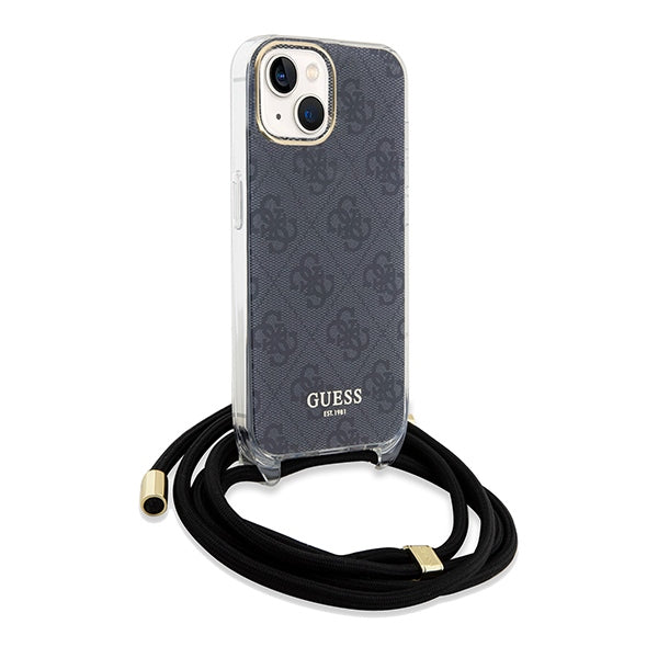Guess iPhone 15 Crossbody Cord 4G Print Σκληρή Θήκη με Πλαίσιο Σιλικόνης και Λουράκι - Black - GUHCP15SHC4SEK