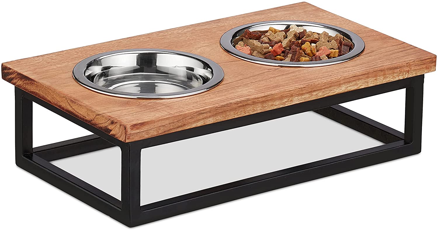 Relaxdays Ξύλινη Βάση από Ακακία με 2 Μπολ από Ανοξείδωτο Ατσάλι για Κατοικίδια - 300 ml - Natural / Black - 4052025373825