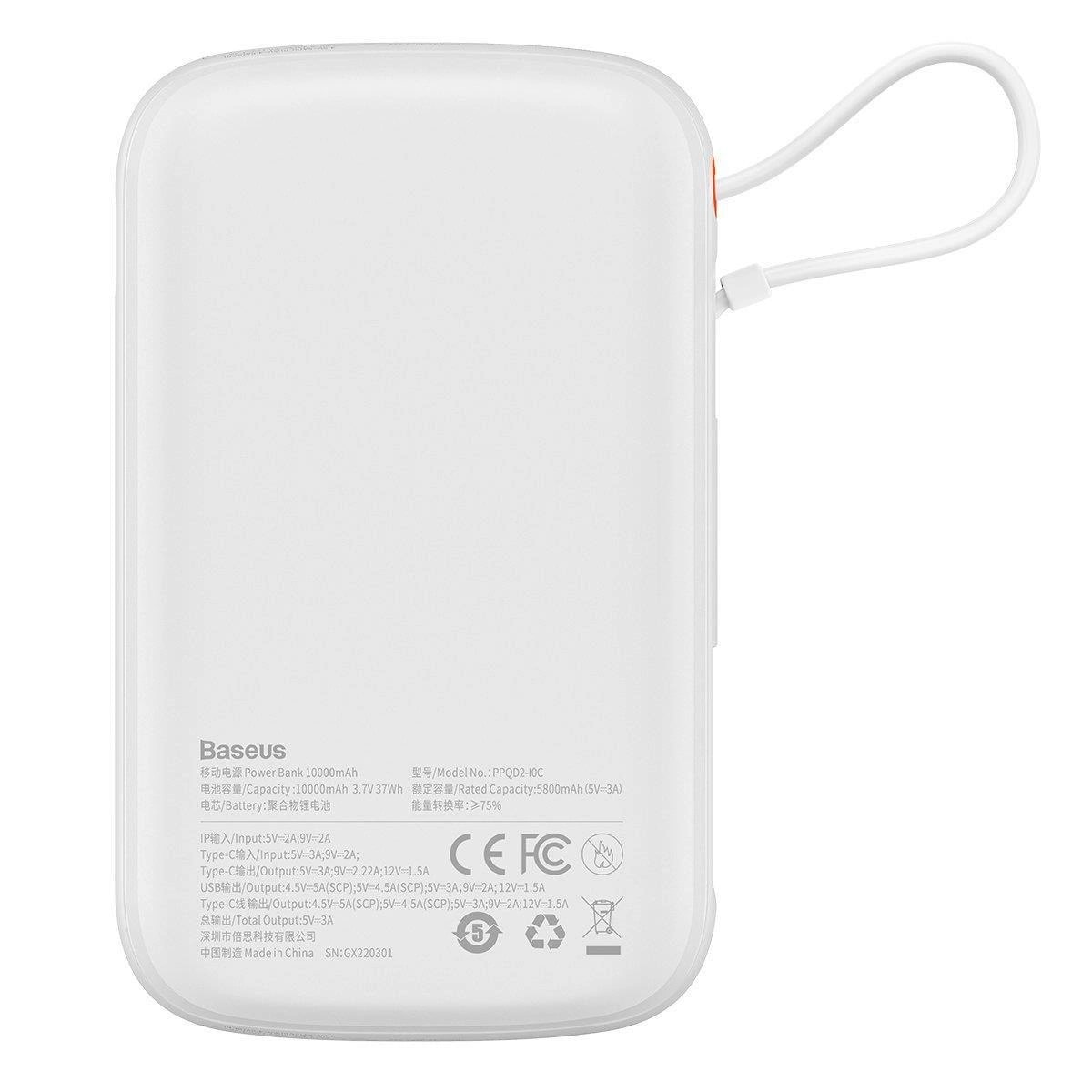Baseus Qpow Digital 22.5W Power Bank 10000mAh με 1 Θύρα USB και 1 Θύρα Type-C και Ενσωματωμένο Καλώδιο Type-C - White - PPQD060102