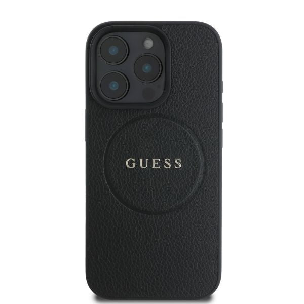 Guess iPhone 16 Pro - Grained Gold Ring - MagSafe Σκληρή Θήκη από Οικολογικό Δέρμα - Black - GUHMP16LPGHSMMK