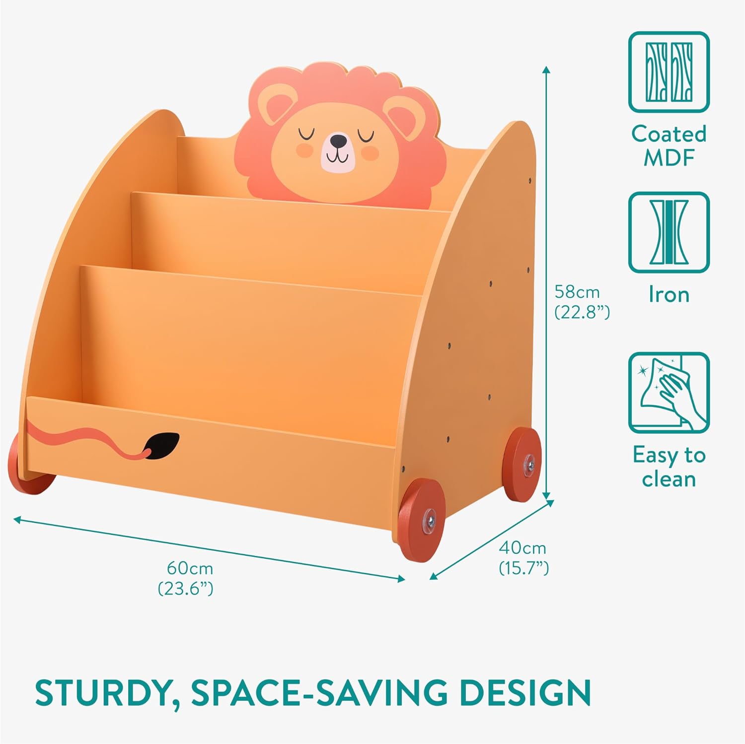 Navaris Παιδικό Κουτί Αποθήκευσης με 3 Διαμερίσματα και Ρόδες - Design Lion - Orange - 55858.03