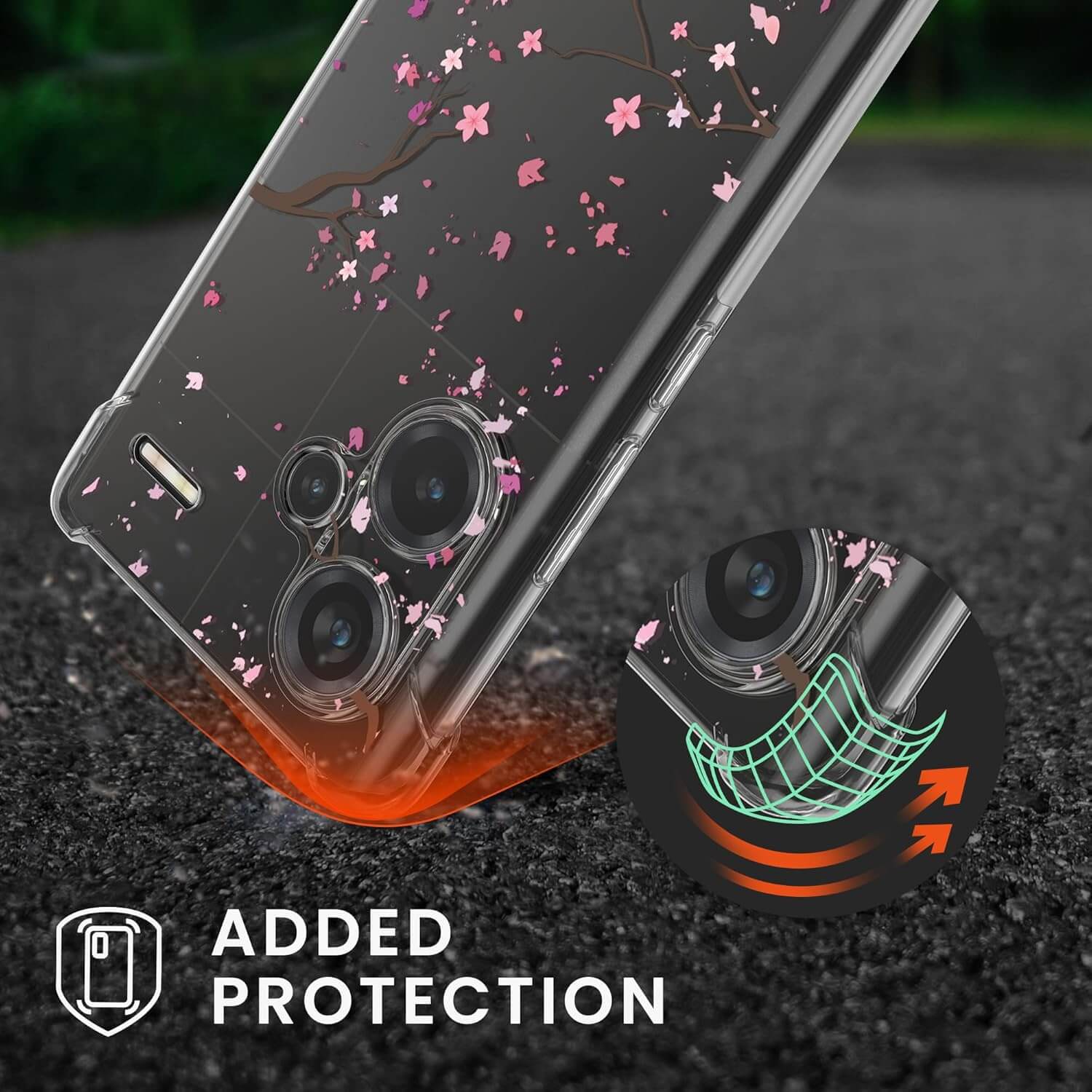 KW Xiaomi Redmi Note 13 Pro+ 5G Θήκη Σιλικόνης TPU με Λουράκι - Design Cherry Blossoms - Pink / Dark Brown / Διάφανη