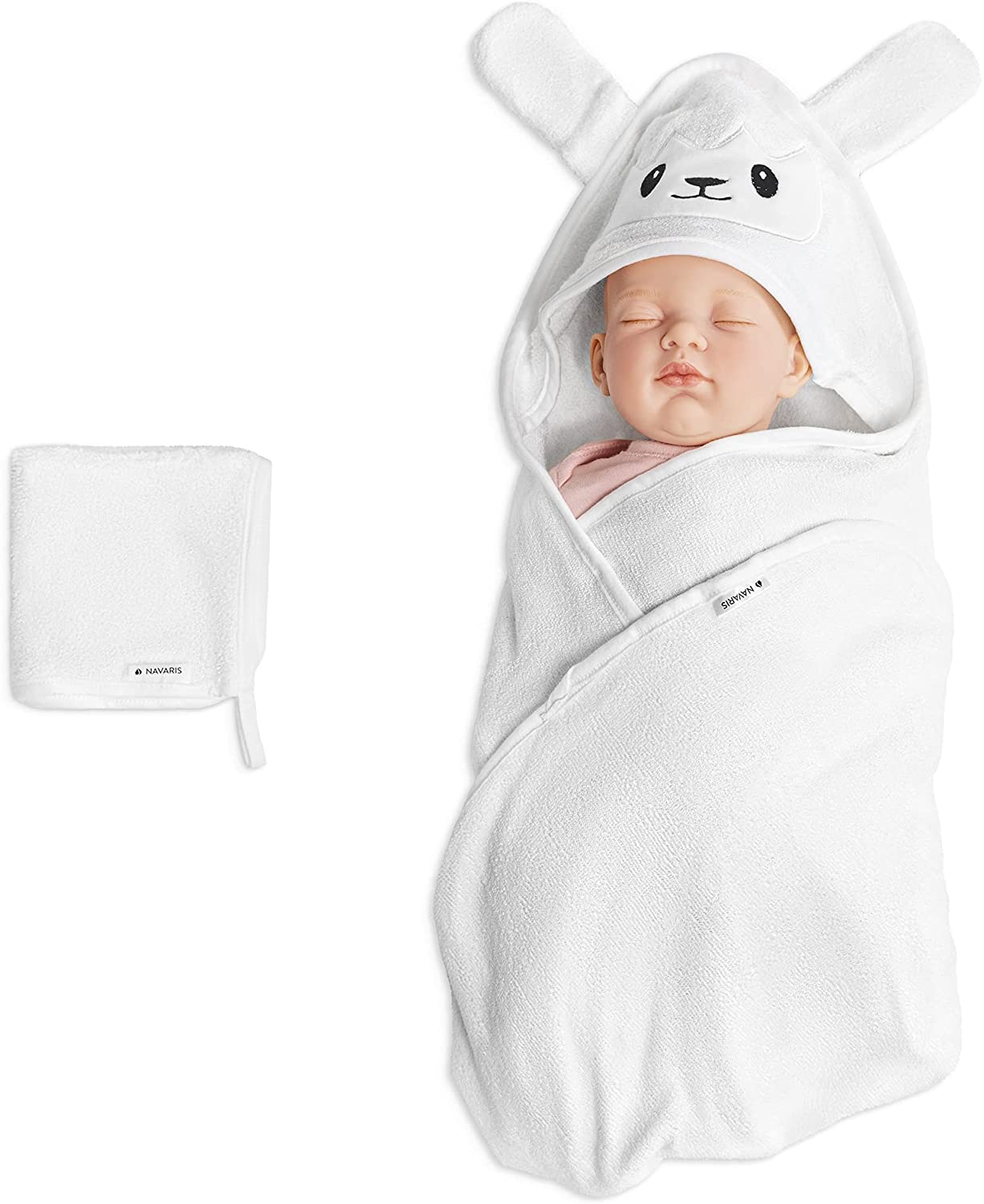 Navaris Σετ με Πετσέτα Μπάνιου με Κουκούλα για Μωρά και Πετσετάκι - 70 x 70cm - Design Sheep - 53694.02