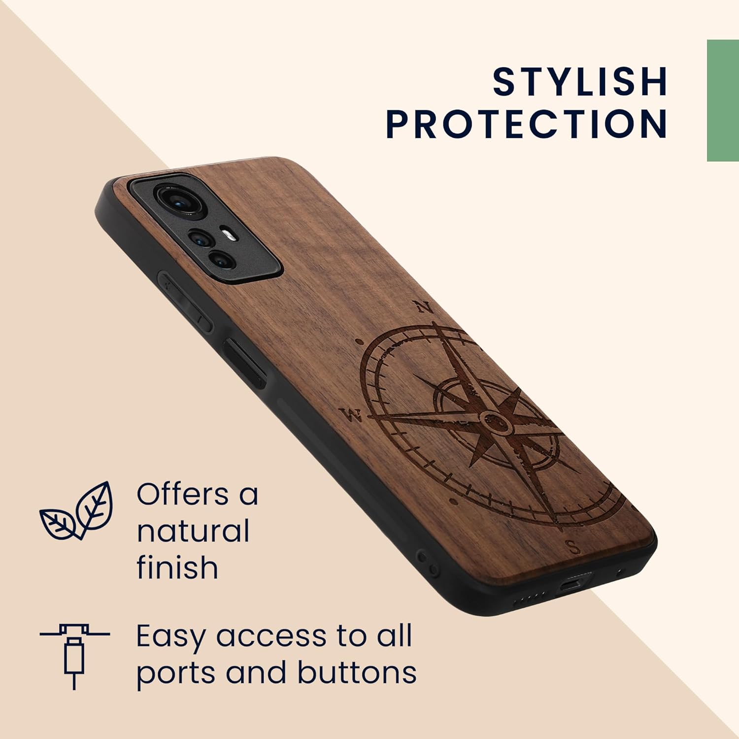 KW Xiaomi Redmi Note 12S Θήκη από Φυσικό Ξύλο - Design Navigational Compass - Dark Brown - 60692.01