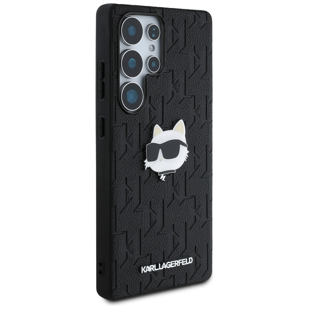 Karl Lagerfeld Samsung Galaxy S25 Ultra - Monogram Choupette Head Pin - Σκληρή Θήκη με Επένδυση Συνθετικού Δέρματος - Black - KLHCS25LPGKLCHPK