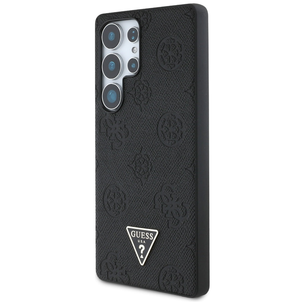 Guess Samsung Galaxy S25 Ultra - Grained Hot Stamp Peony Pattern Triangle Logo - MagSafe Σκληρή Θήκη με Πλαίσιο Σιλικόνης και Συνθετικό Δέρμα - Black - GUHMS25LPGBTMK