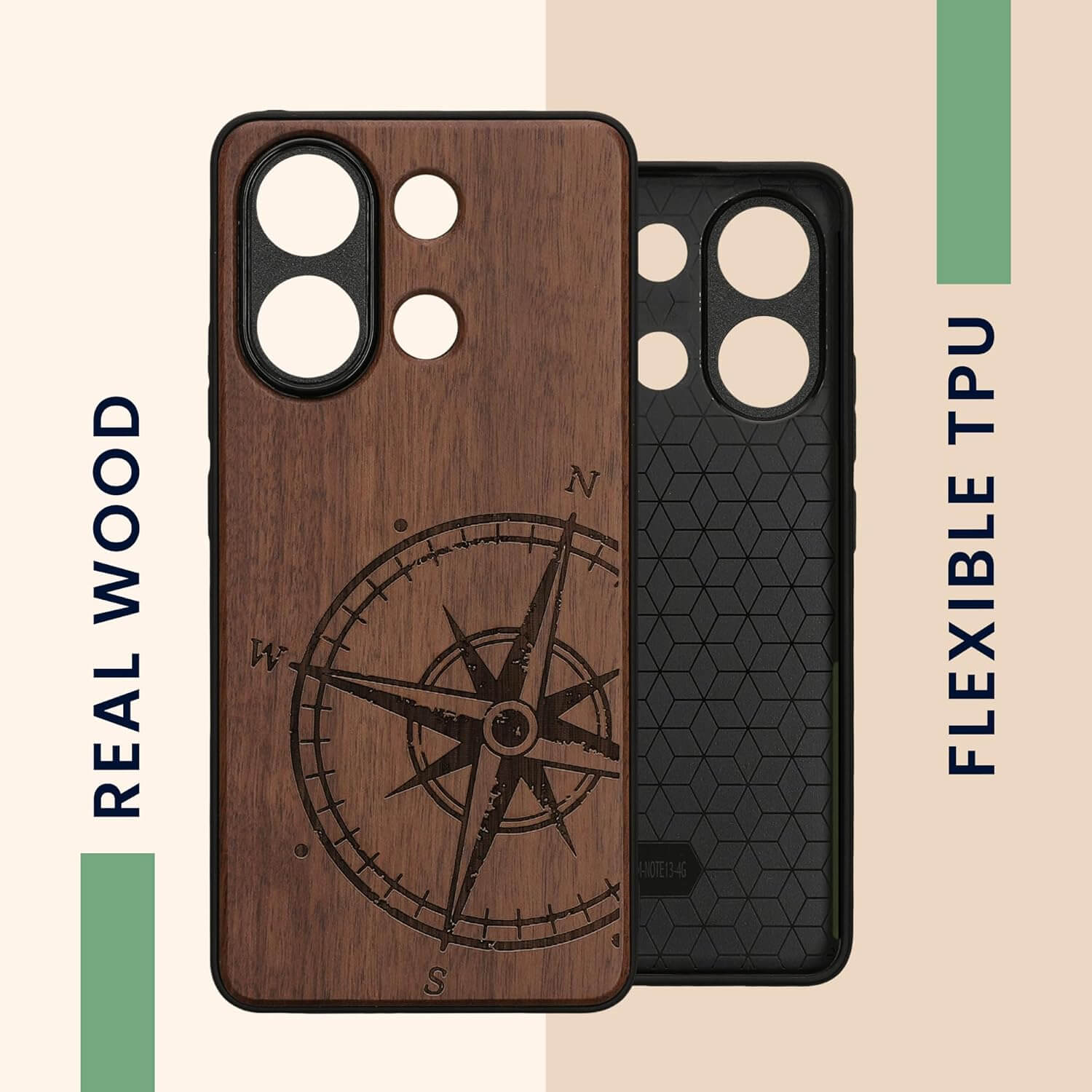 KW Xiaomi Redmi Note 13 4G Θήκη από Φυσικό Ξύλο - Design Compass Vintage - Dark Brown