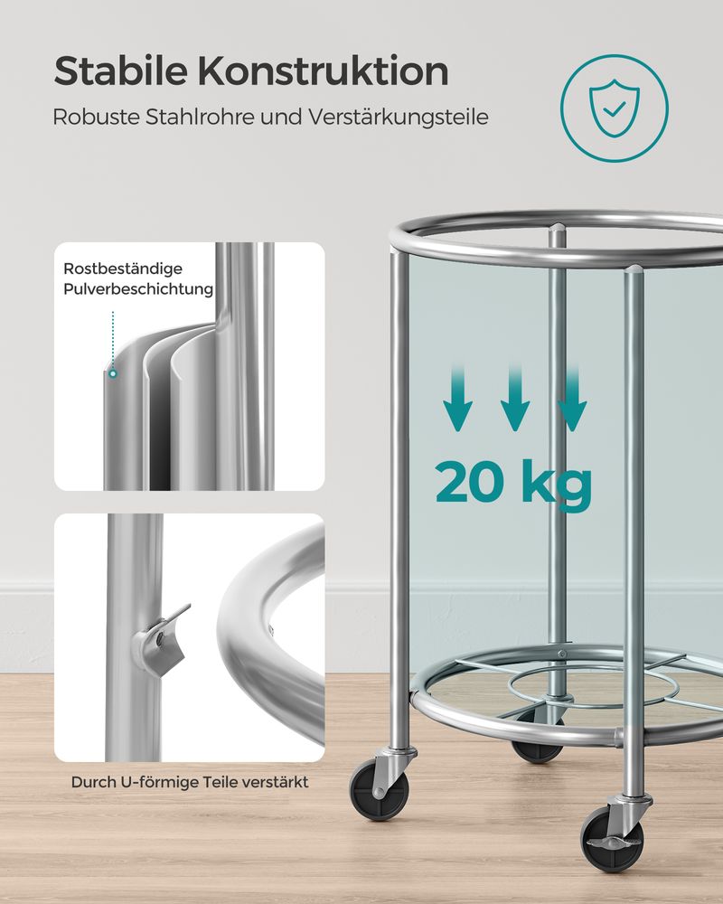 Songmics Τροχήλατο Καλάθι Απλύτων με Ατσάλινο Σκελετό και Αποσπώμενη Θήκη Ρούχων - 110L - Cream White / Silver - RLS002W01