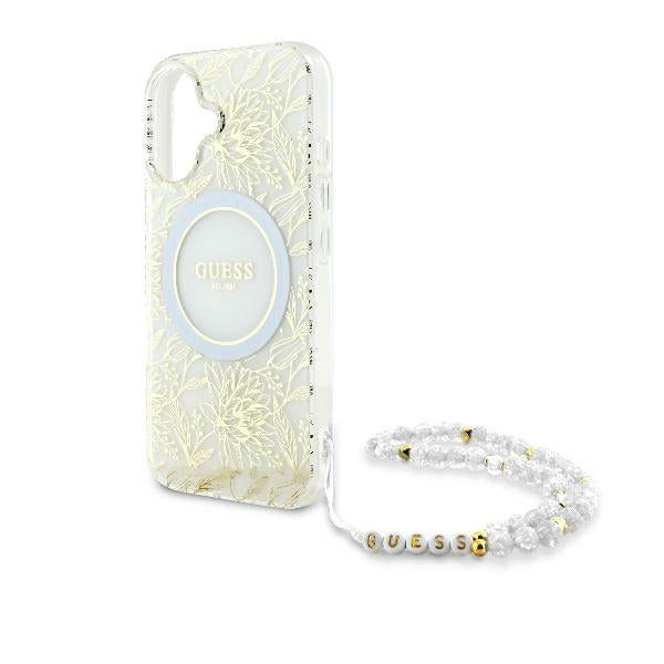 Guess iPhone 16 Plus - IML Flowers Allover Electro With Pearl Strap MagSafe - Σκληρή Θήκη με Πλαίσιο Σιλικόνης και Λουράκι - White / Διάφανη - GUHMP16MHCPOFPH