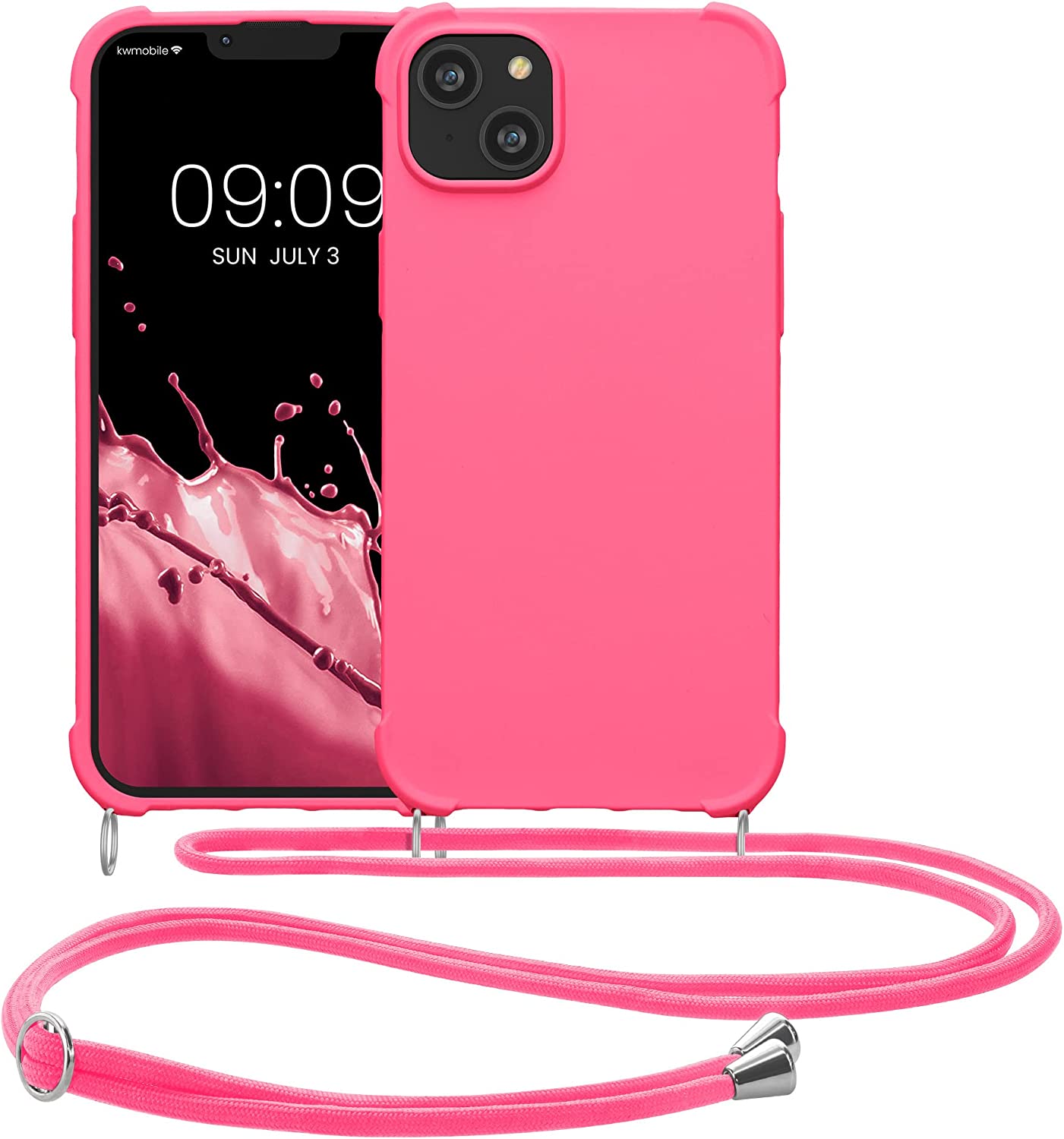 KW iPhone 14 Plus Θήκη Σιλικόνης TPU με Λουράκι - Neon Pink - 59117.77