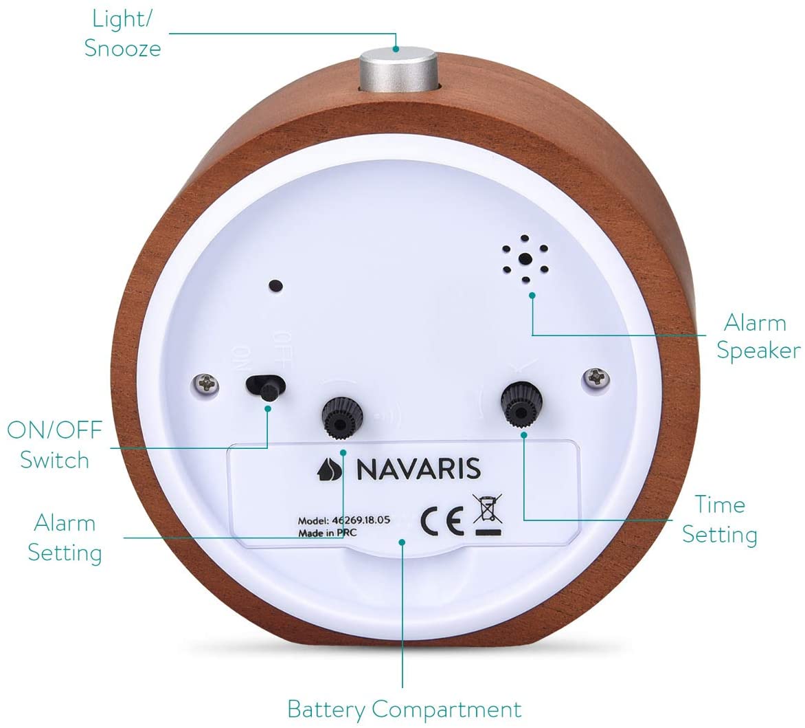 Navaris Analogue Wood Alarm Clock Design Live / Laugh / Love - Αναλογικό Επιτραπέζιο Ρολόι και Ξυπνητήρι - Dark Brown - 46269.18.05