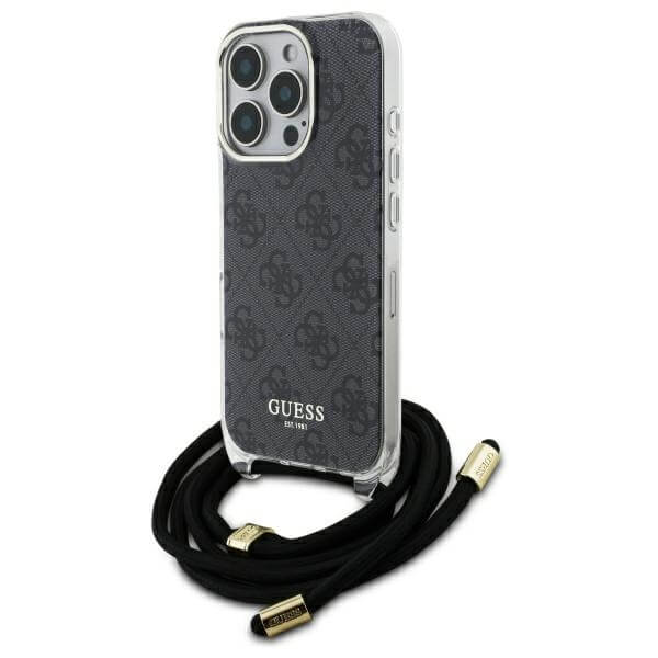 Guess iPhone 16 Pro Max - Crossbody Cord 4G Print - Σκληρή Θήκη με Πλαίσιο Σιλικόνης και Λουράκι - Black - GUHCP16XHC4SEK