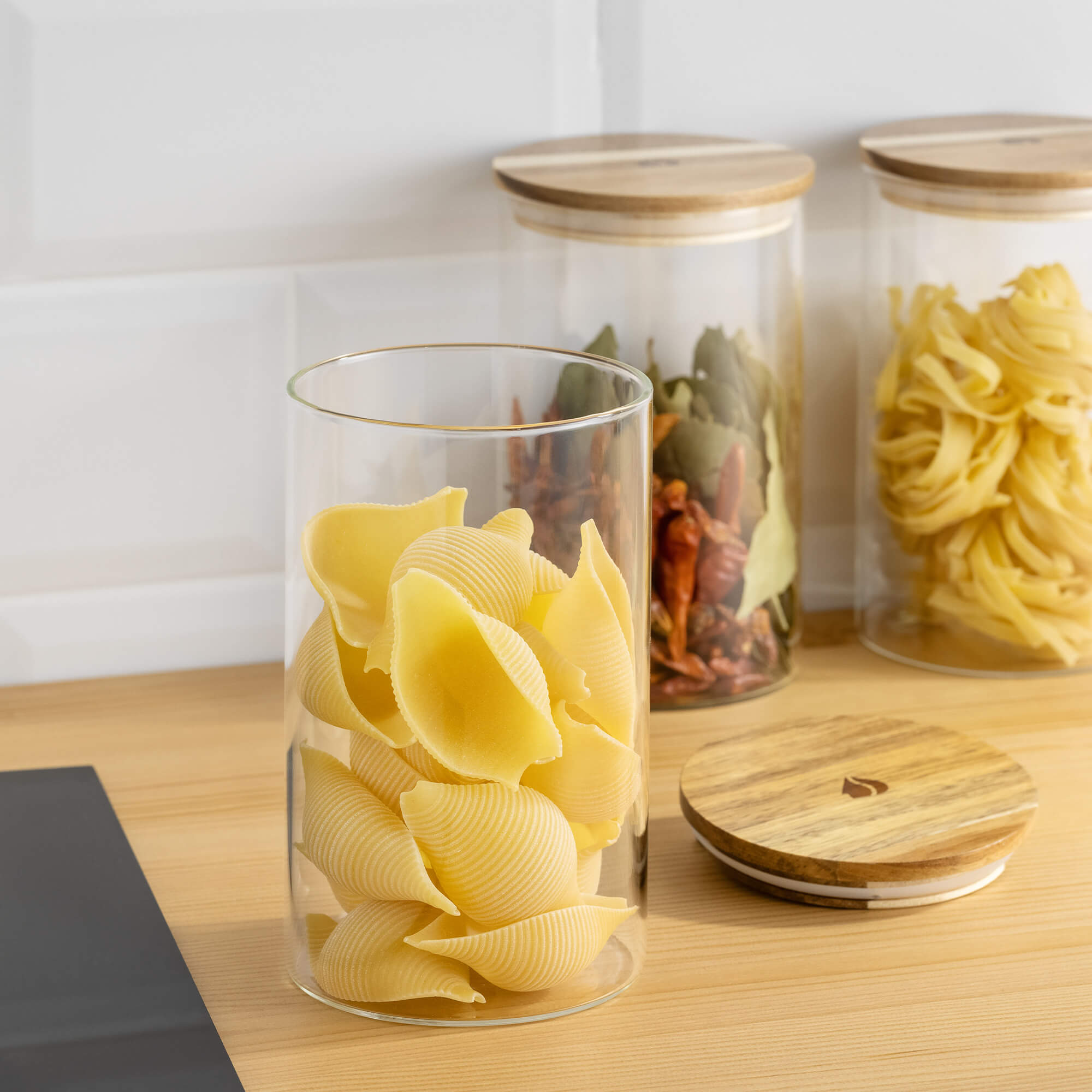 Navaris Σετ με 3 Γυάλινα Βάζα Αποθήκευσης - 1L - Round - Acacia Wood - Διάφανα - 54691.02.03