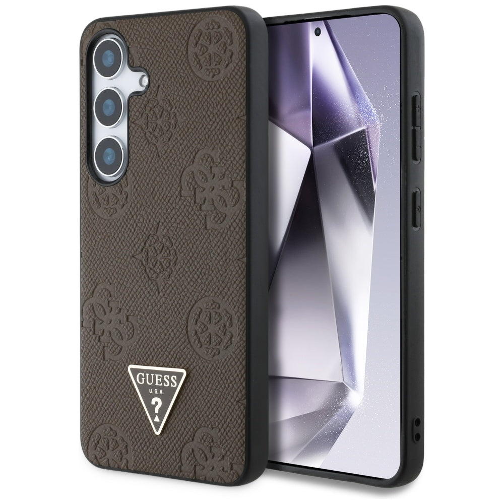Guess Samsung Galaxy S25 - Grained Hot Stamp Peony Pattern Triangle Logo - MagSafe Σκληρή Θήκη με Πλαίσιο Σιλικόνης και Συνθετικό Δέρμα - Brown - GUHMS25SPGBTMW
