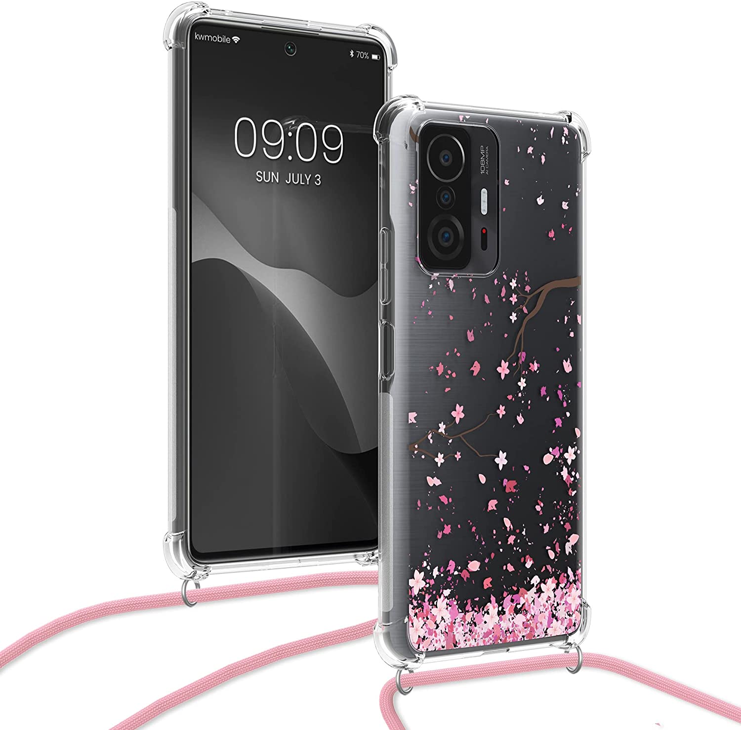 KW Xiaomi 11T / 11T Pro Θήκη Σιλικόνης TPU με Λουράκι Design Cherry Blossoms - Pink / Dark Brown / Διάφανη - 56522.03
